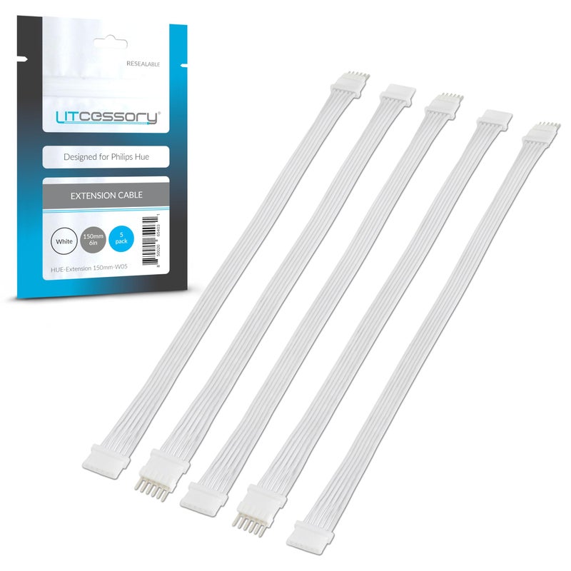 Litcessory Extension Cable for Philips Hue/Solo Lightstrip (6in, 5 Pack, White - Micro 6-PIN V4 / Solo Lightstrip) - Image 1